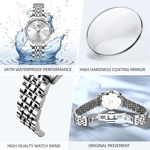 OLEVS Silver Watch for Women Diamond Small Face Waterproof Dress Watches - image 5