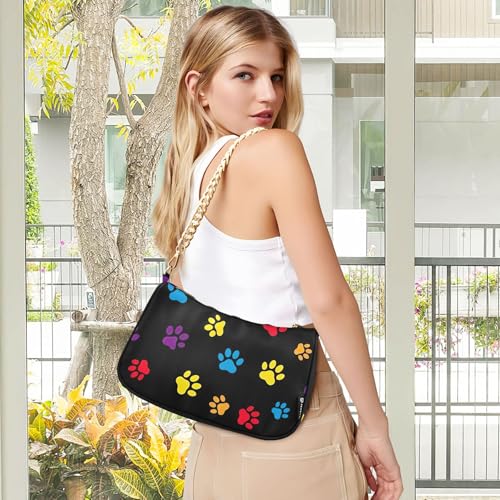 Multicolored Dog Paw Prints Black Handbag Medium Womens One Shoulder Purses Hobo Party Purse Zipper Closure Chain Strap2