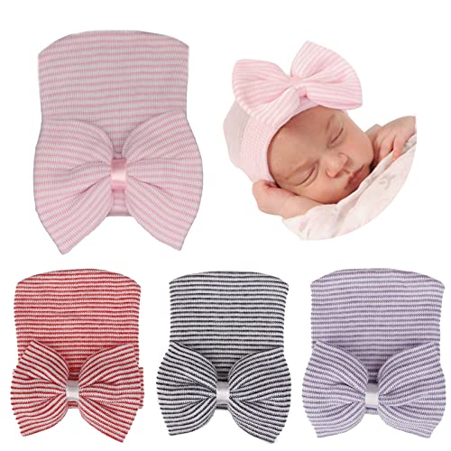 Gorros para recién nacidos y bebés de 0 a 3 meses con lazo suave para hospital, 4 unidades