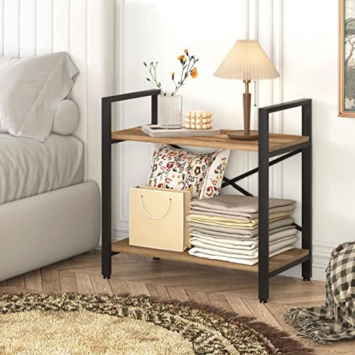 Bon Augure Small Bookshelf For Small Space, Industrial 2 Tier Wood Metal Bookcase, Rustic Short Book Shelf For Living Room, Bedroom And Office (Vintage Oak) #TOP7