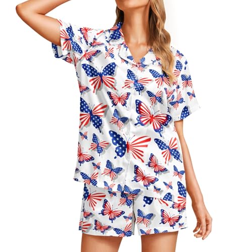 Image of Funny Pajamas for Women Set Print Satin Loungewear Pjs Short Sleeve Button Down Top and Shorts Sets Sleepwear XS-3XL
