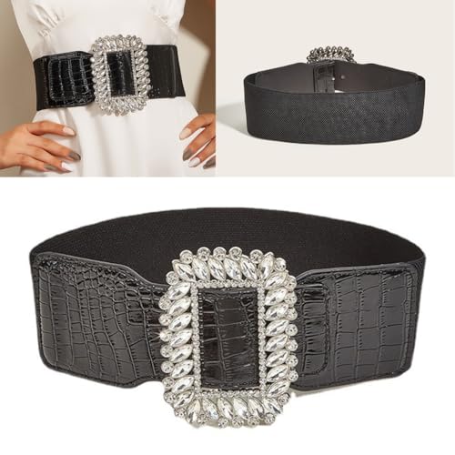 Adjustable Stretchy Wide Waist Belt With Decorative Crystal Buckles For Women’s Fashion2