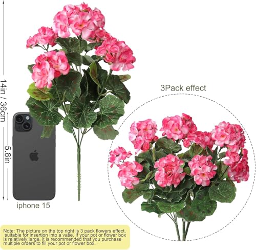 Weldomcor 3 Bundles Artificial Pink Geranium Flowers Outdoor Spring UV Resistant Fake Silk Geranium Flowers No Fade Faux Geranium Artificial Plants for Garden Home Balcony Window Boxes Decorations - Image 2