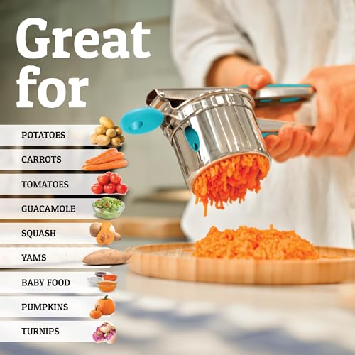 Image of PriorityChef Large 15oz Potato Ricer With 3 Discs, Heavy Duty Stainless Steel Potato Ricer for Mashed Potatoes, Potato Masher, Press and Ricer Kitchen Tool, Turquoise