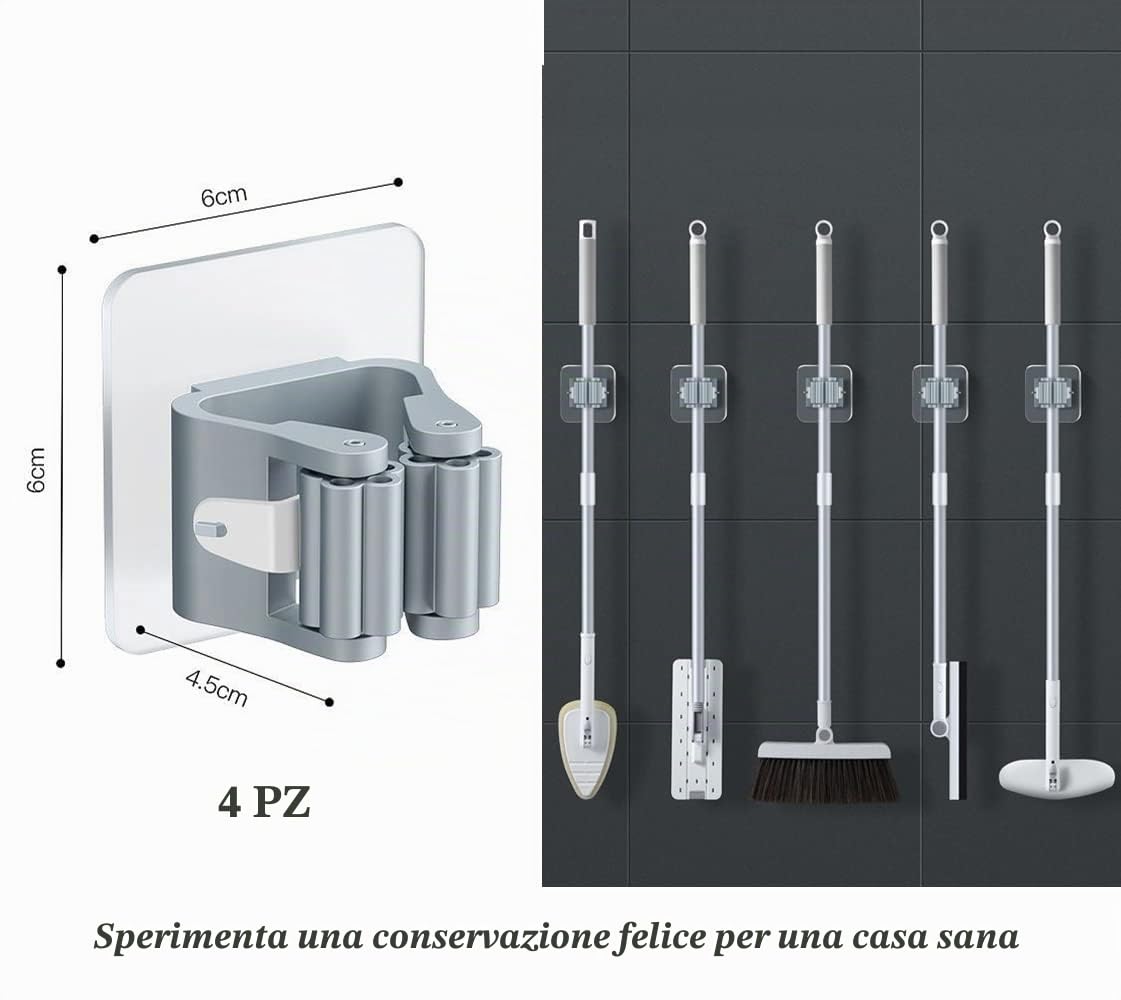Portascope e Portaspazzole Muro Autoadesivo Plastica Supporto per Scopa da Appendere Ganci per Scope da Muro Adesivi Grigio
