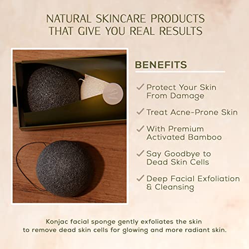 CSM Organic Konjac Sponges 3-Pack para una exfoliación suave - Esponjas faciales con carbón de bambú activado premium para limpiar los poros, eliminar impurezas, exfoliación - 2 carbón negro, 1 blanco - imagen 2