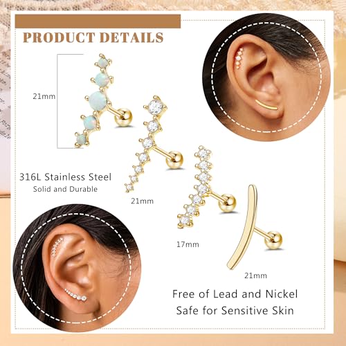 FIBO STEEL 4 Pcs 16G Cartilage Stud Earrings for Women Opal CZ Bar Helix Conch Daith Piercing Jewelry Set2