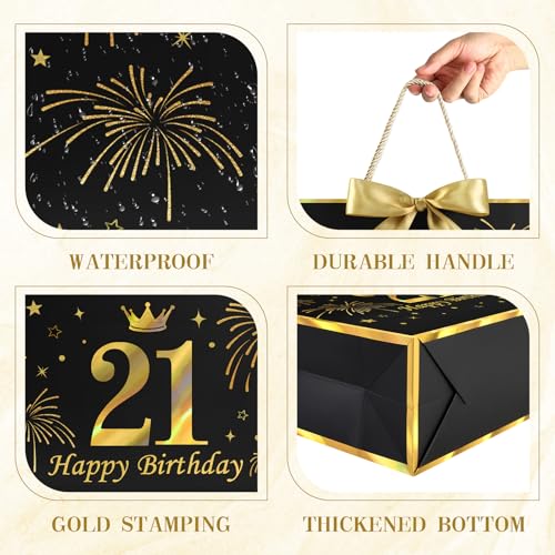 Image of JMANNI Black Gold 21st Birthday Gift Bag with Card and Tissue Paper, 12.6 inchx9.84 inchx3.9 inch Elegant Present Bag for Adults, 21 Year Old Birthday Keepsake Party Supplies