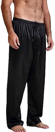 Honganda Mens Satin Pajama Pants, Sleepwear Long Pajama Bottoms with Drawstring Loungwear Pjs Pants Black, Medium