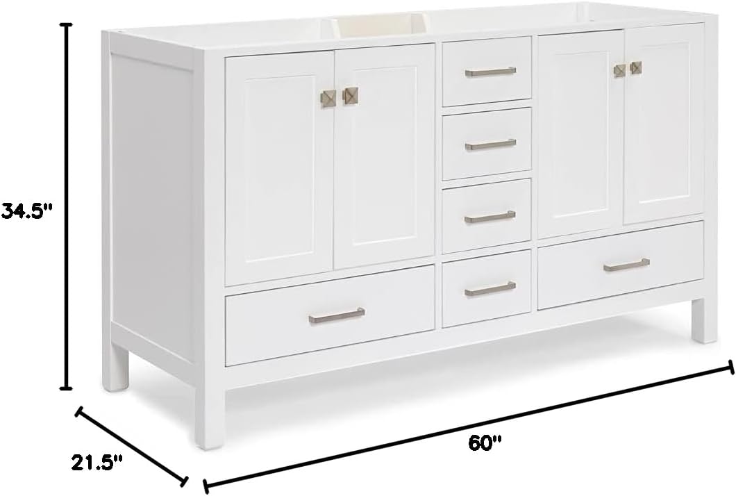 DKB Beckford Double Bathroom Vanity Base Cabinet 60" White, Double Sink Configuration, 4 Soft Closing Doors, 6 Full Extension Dovetail Drawers, Brushed Nickel
