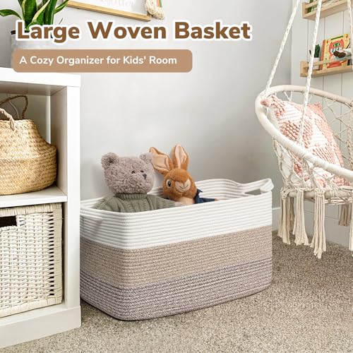 Goodpick Large Woven Storage Basket, 21.6" x 14.9" x 11.8" Rectangle Rope Baskets for Toy Storage, Blanket Basket for Living Room, Bedroom, Light Brown