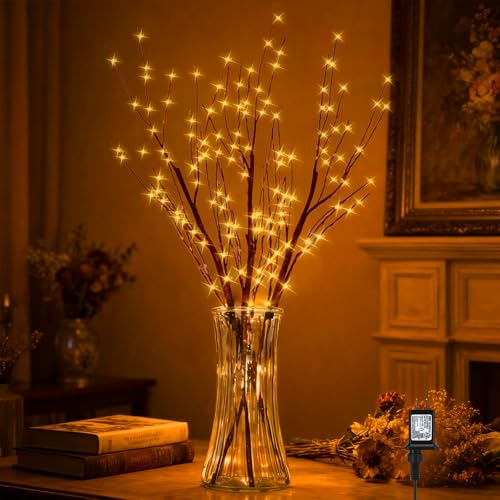Lighted Brown Branches Lights Plug in with Timer 33IN 180 LED Lights Twinkling Light Up Tree DIY Flexible Willow Branches for Christmas Room Vase Decoration Bedroom Wedding Party(Vase Excluded)