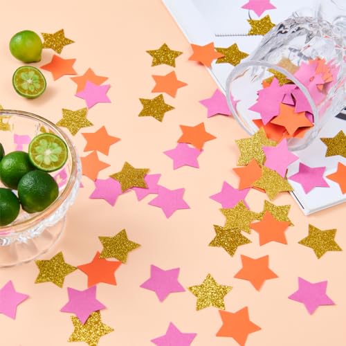 Image of MOWO Hot Pink Orange and Gold Star Confetti Table Decoration, 1.2'', 200pc | Baby Shower Birthday Wedding Graduation Fall Autumn Groovy Theme Party, 1.2 inch in Diameter, 200 Counts