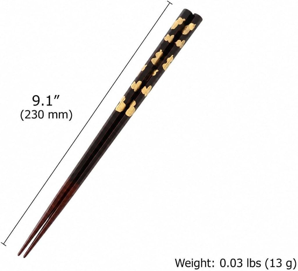 Hexagonal Gold Leaf Chopsticks, 9.05in (Brown) | Natural wood Echizen lacquerware Six-gourd motif