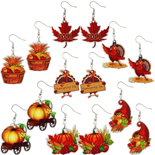 4-7Pairs Thanksgiving Fall Earrings for Women Leopard pumpkin Maple Leaf Turkey Sunflower Pine Cone Drop Dangle Earrings Set Autumn Thanksgiving Jewelry
