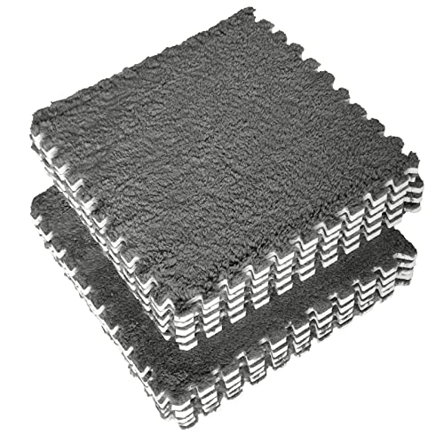 Jaderlu 16pcs 0.6 Thickened Interlocking Tile Mats,Fluffy Shaggy Soft EVA Foam Area Rug for Living Room & Bedroom,Non-Slip Protective Floor Carpet Play Mat Kids Baby Dorm Home Decor (11.8ft, Grey)