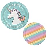 Unicorn Birthday Party Bundle For 10 Guests: 2 Items - Unicorn Happy Birthday Plates, Rainbow Pattern Dessert Plates