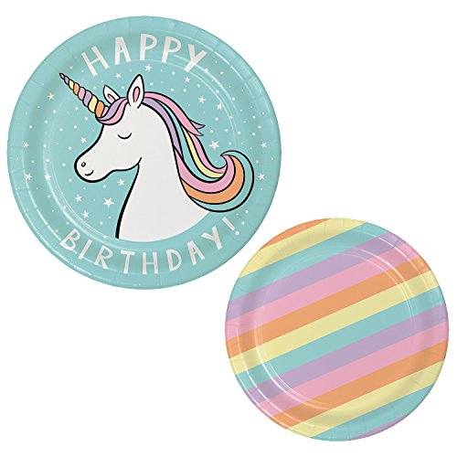 Unicorn Birthday Party Bundle For 10 Guests: 2 Items - Unicorn Happy Birthday Plates, Rainbow Pattern Dessert Plates