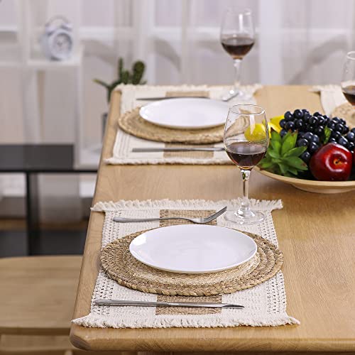 Hand Made Boho Placemats, Set of 4, Natural Cotton, Burlap and Water Straw, Woven Combination Placemats, Macrame Decor and Farmhouse Style, for Dining Table, Kitchen