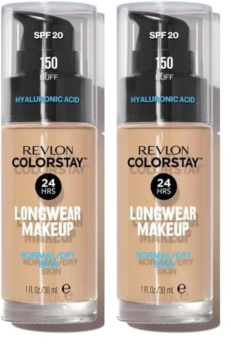 REVLON – ColorStay Makeup, Base de Maquillaje SPF 20 con Ácido Hialurónico, Sin Aceites, 24 h de Duración, Acabado Natural, Resistente al Agua, para Piel Normal y Seca, Tono 150, Buff – 30 ml
