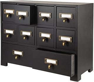 Apothecary Cabinet with 10 Drawers & Labels Rustic Library Card Catalog Cabinet Desktop Wooden Storage Box for Organize Herbal、Tea Bag、Jewelry (Black)