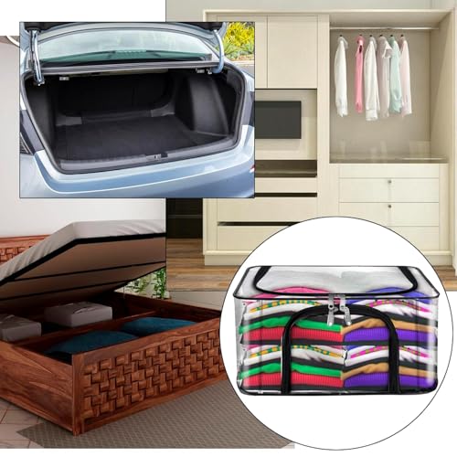 Image of Trendifly transparent clothes organiser Bag | wardrobe bedroom storage organizer box | Moisture Dust proof | 2 side Opening with zipper Undergarments Jeans Blankets Shirts Saree (42 * 32 * 28) (1)