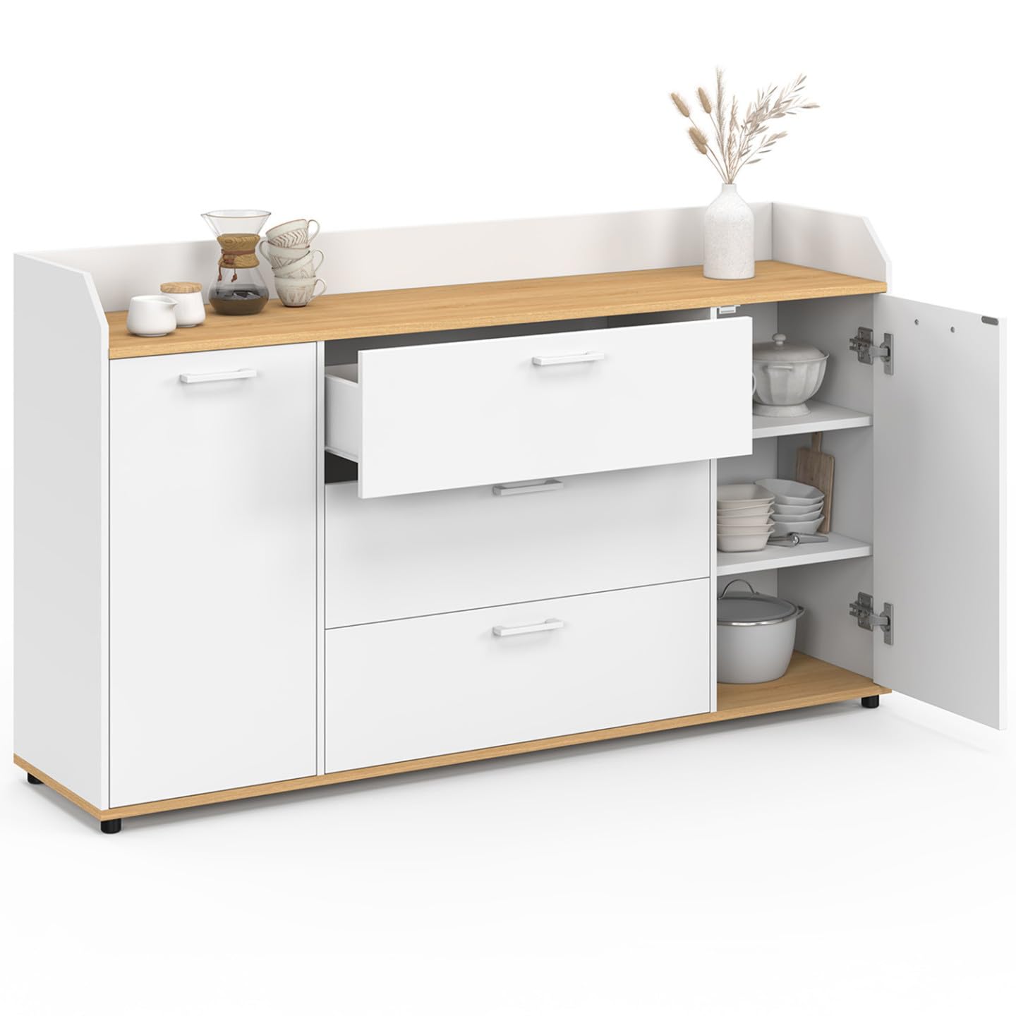 IDMarket - Buffet 140 cm JABA Blanc et Plateau Bois façon hêtre