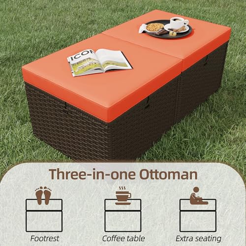 Image of HOMREST 3 Piece Patio Rattan Ottomans Set，Outdoor PE Wicker Footstool w /Removable Cushion, Storage Coffee Table & Multipurpose Footrest Stool for Porch, Poolside, Garden, Deck(Orange)