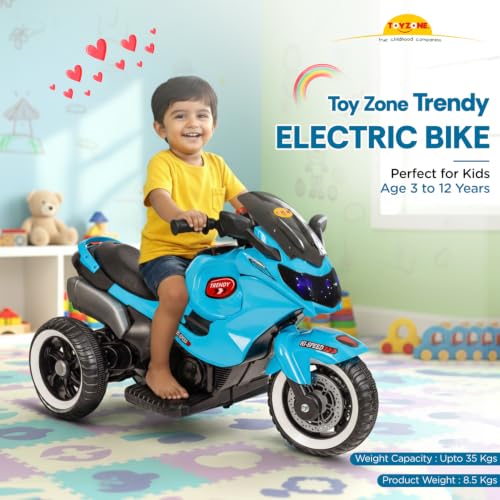 Image of Toyzone Trendy Electric Bike (Blue) | 6V Rechargeable Bike for Kids with 4.5Ah Battery | LED Lights, Music, MP3 /USB /BT | Smooth Acceleration | 6M Battery Warranty | Age 2-8 Years, Up to 35kg