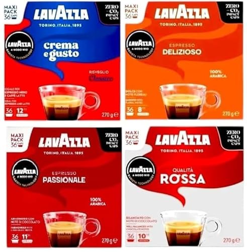 Lavazza A Modo Mio Coffee Pods Variety Pack x36 Maxi Pack (Pack of 4, Total 144 Capsules) – Espresso Passionale, Delizioso, Qualità Rossa & Crema e Gusto Dolce
