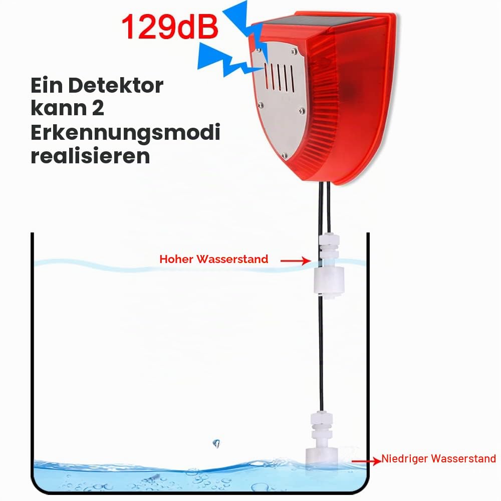 Solar-Wasserstandsalarm, Dual-Sonde Hoch-/Niedrigwasser-Sensor, 129 dB Einstellbarer Stroboskop-Alarm, Tank/Brunnen, Schwimmbad etc. Wasserstandsmelder, 5 Meter Kabel, IP55 für innen/außen