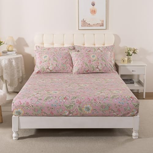 Image of FADFAY King Sheet Set 4Pcs 100% Egyptian Cotton Bed Sheets Deep Pocket Soft Breathable Vintage Misty Pink French Country Bedding Shabby Cottagecore Floral Bedding Luxury Hotel Quality for All Seasons