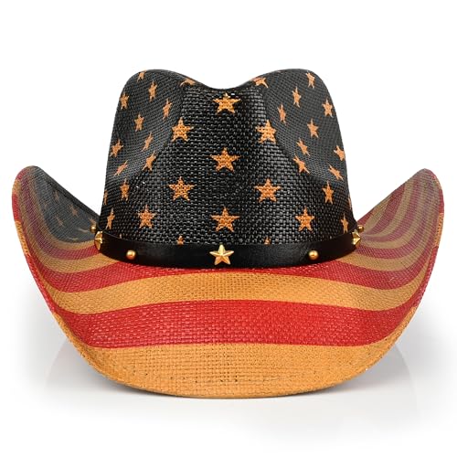 Image of Western Straw Cowboy Hats for Men & Women, Wide Shapeable Brim Cowgirl Sun Hat