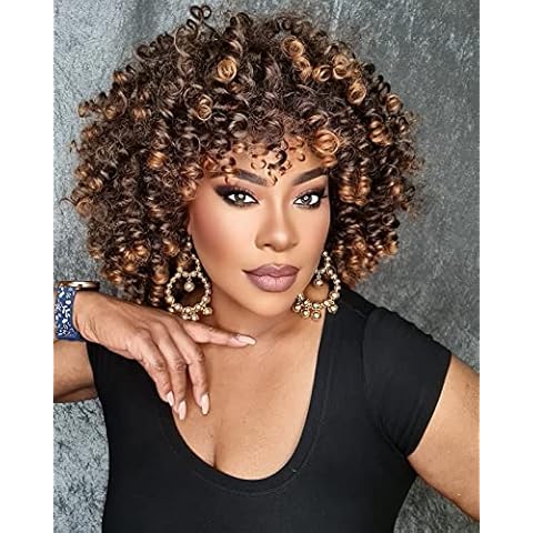 YEESHEDO Afro Curly Wig with Bangs Dark Brown Mixed Blonde Wigs Kinky Curly Brown Highlights Heat Resistant Synthetic Shoulder Length Wig for Women Full Wigs for Daily Cosplay Halloween Cover