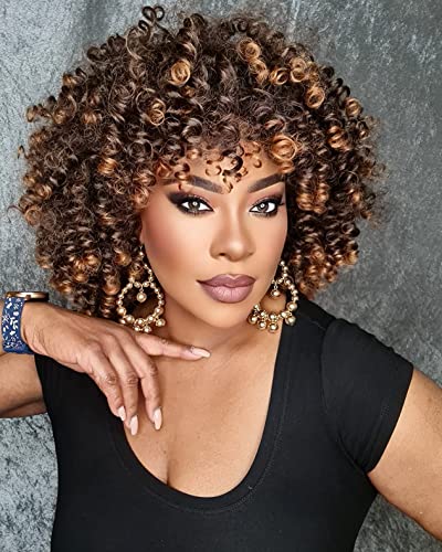 YEESHEDO Afro Curly Wig with Bangs Dark Brown Mixed Blonde Wigs Kinky Curly Brown Highlights Heat Resistant Synthetic Shoulder Length Wig for Women Full Wigs for Daily Cosplay Halloween