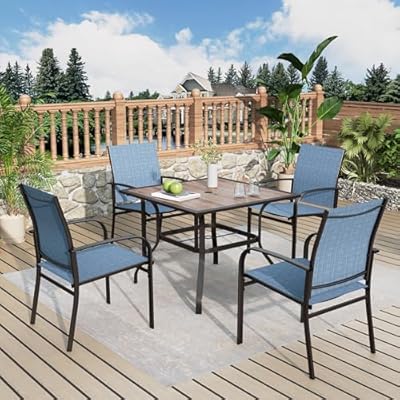 MIXPATIO Patio Dining Set 5 Piece Outdoor Furniture Set with 4 Blue Textilene Chairs and 37" Wood-Like Table Top for Deck Backyard Lawn Poolside