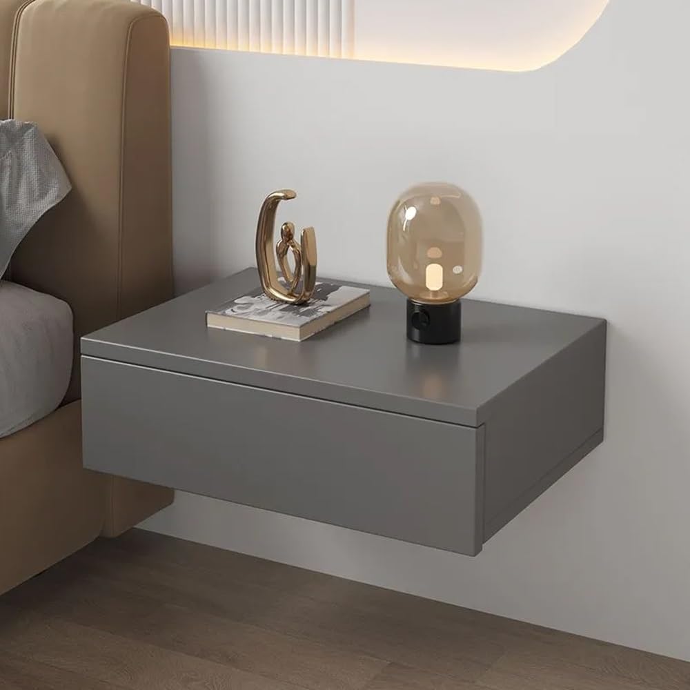 Table de chevet flottante grise avec tiroir de rangement suspendu pour chambre et salon