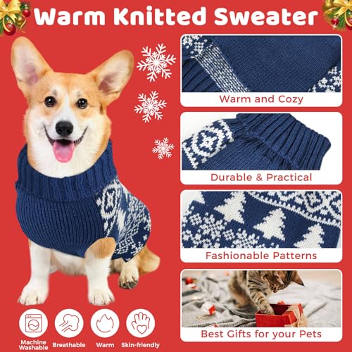Image of Christmas Dog Sweaters for Small Medium Large Dogs and Cats,Pet Soft Warm Holiday Outfit Girl & Boy,Pup Winter Clothes Turtleneck Double Knitting Collar for Outdoors Playing (Blue,Small)