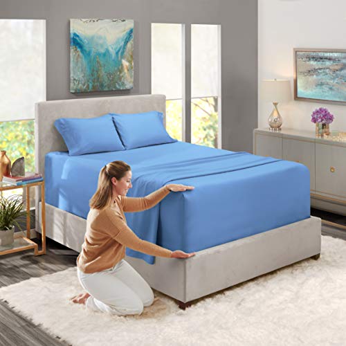 Image of Nestl Twin XL Bed Sheet Set - Calm Blue - 3-Piece Extra Deep Pocket | Instantly Soft, Night-One Ready (No Wash Required). Fits Extra Deep Pockets up to 24 Inches, 360-Degree Elastic Grip
