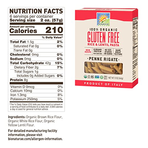 Bionaturae Penne Rigate Pasta Noodles - Gluten Free Pasta Organic, Rice & Lentil Pasta, Kosher Certified, High Protein, Non-Gmo Verified, Usda Certified, Gluten Free Pastas, Crafted In Italy - 12 Oz #TOP1