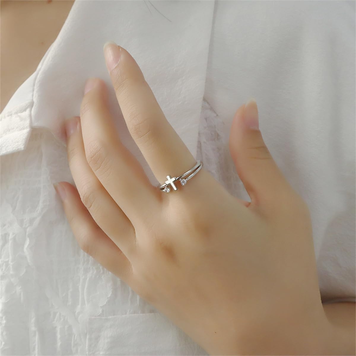 Hebelee Cubic Zirconia Cross Ring for Women Silver Plated Clear CZ Layered Adjustable Stackable Wrap Finger Rings Comfort Fit Minimalist Faith Engagement Jewelry - Image 3