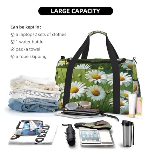 Floral Flowers Daisies Print Travel Duffle Bag - Foldable Personal Item Travel Bag for Women & Men,Carry-On Convertible Crossbody Tote Bags with Adjustable Shoulder Strap & Pockets 13x10.2x19.7 in 6