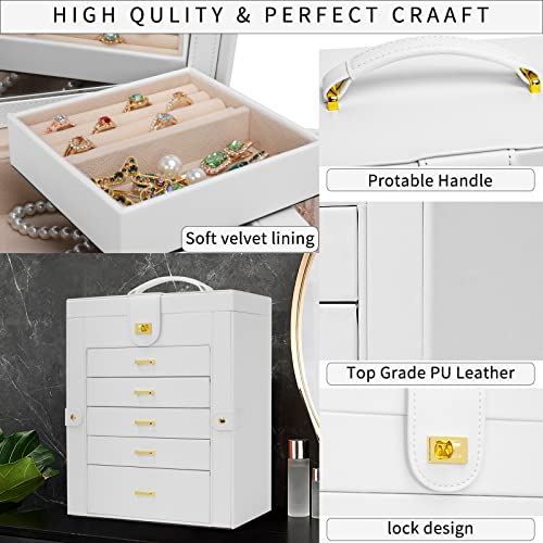 AKOZLIN 6-Tier Jewelry Box Organizer Functional 5 Drawers Leather Jewelry Storage Case for Women Girls Ring Necklace Earring Bracelet Holder Organizer with Mirror White Regular by AKOZLIN - Image 5