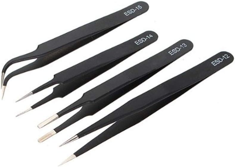 TINKSKY 4pcs Tweezers Anti-Static Stainless Steel Tweezers Maintenance Tools Kit(Black)