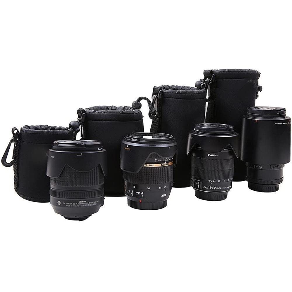 Lot De 4 Pochettes En Néoprène Pour Objectifs D'appareil Photo - Tailles S à XL - Avec Clip Ceinture