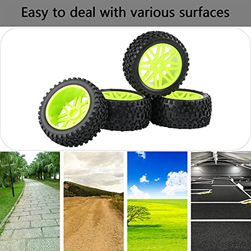Rowiz Rc Tires, 2Pcs Front And 2Pcs Rear Green Wheel Rim Rubber Tires For 1:10 Rc Off-Road Buggy Traxxas Bandit Tornado Team Associated Kyosho Hsp Tamiya #TOP3