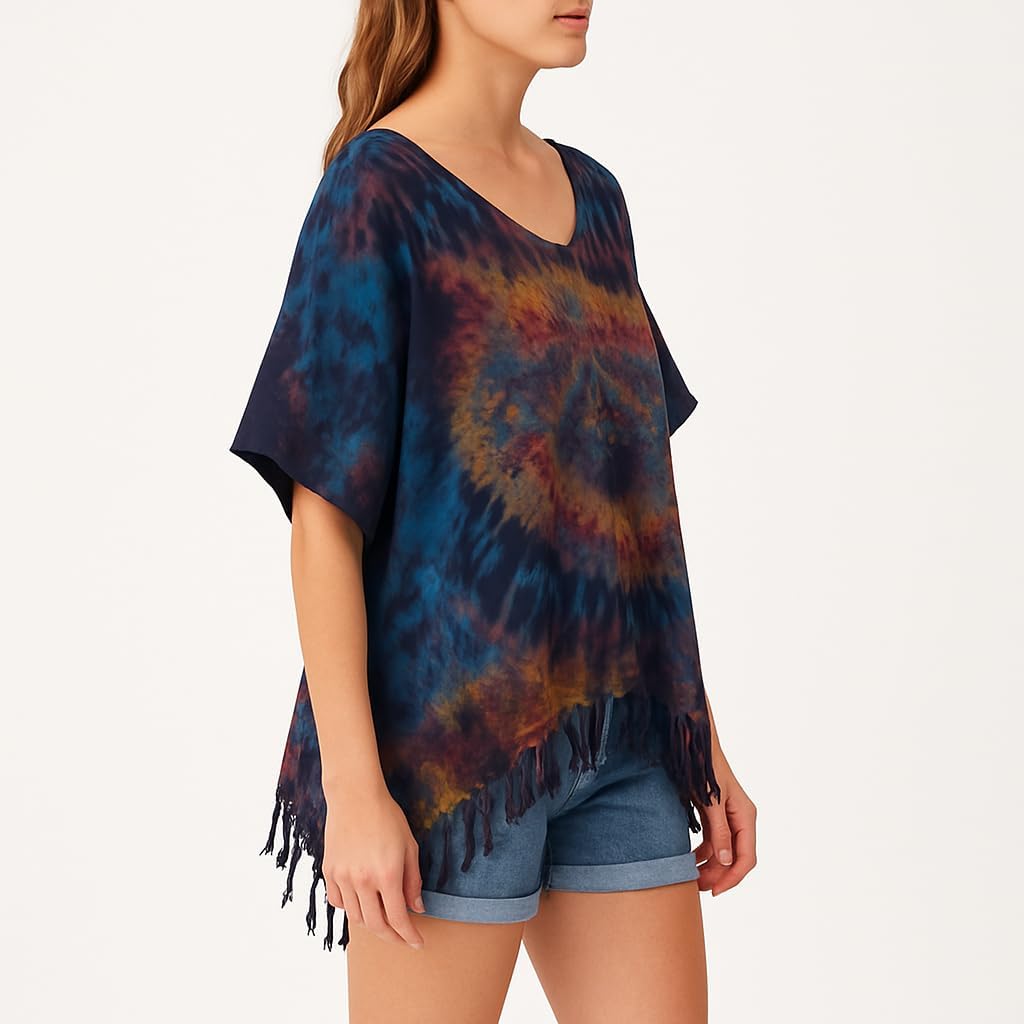 Tie Dye Blouse Caftan Kaftan Poncho Tunic Tops Cover Up Plus size Real Handmade (Navy Blue)