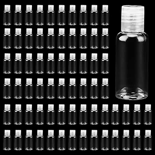 KEILEOHO 80 Pack 1oz/30ml Clear Plastic Flip Cap Bottles, Travel Bottles with Flip Cap, Empty Dispenser Container for Travel Size, Refillable Containers Bottles for Shampoo, Lotion, Cream, Toner