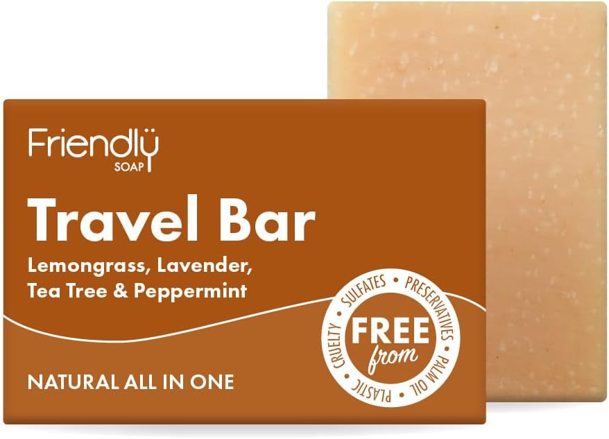 Friendly Soap – Travel Bar, Lemongrass, Lavender, Tea Tree & Peppermint (95g), All-In-One, Plant-Based, Cruelty-Free, Made By Hand, No Preservatives or Sulphates, Sustainable