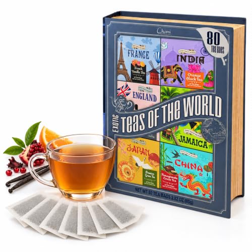 Chami Tea Gift Set Sampler, 80 Bags Variety Pack of 6 Assorted Black and Green Flavors from Around the World in Hardcover Book Box, Gifts for Tea Lovers, Women, Men and Mom